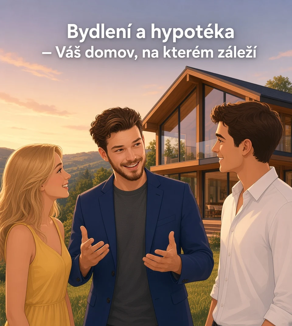 Bydlení a hypotéka – Váš domov, na kterém záleží. Ilustrace poradce s párem před domem.