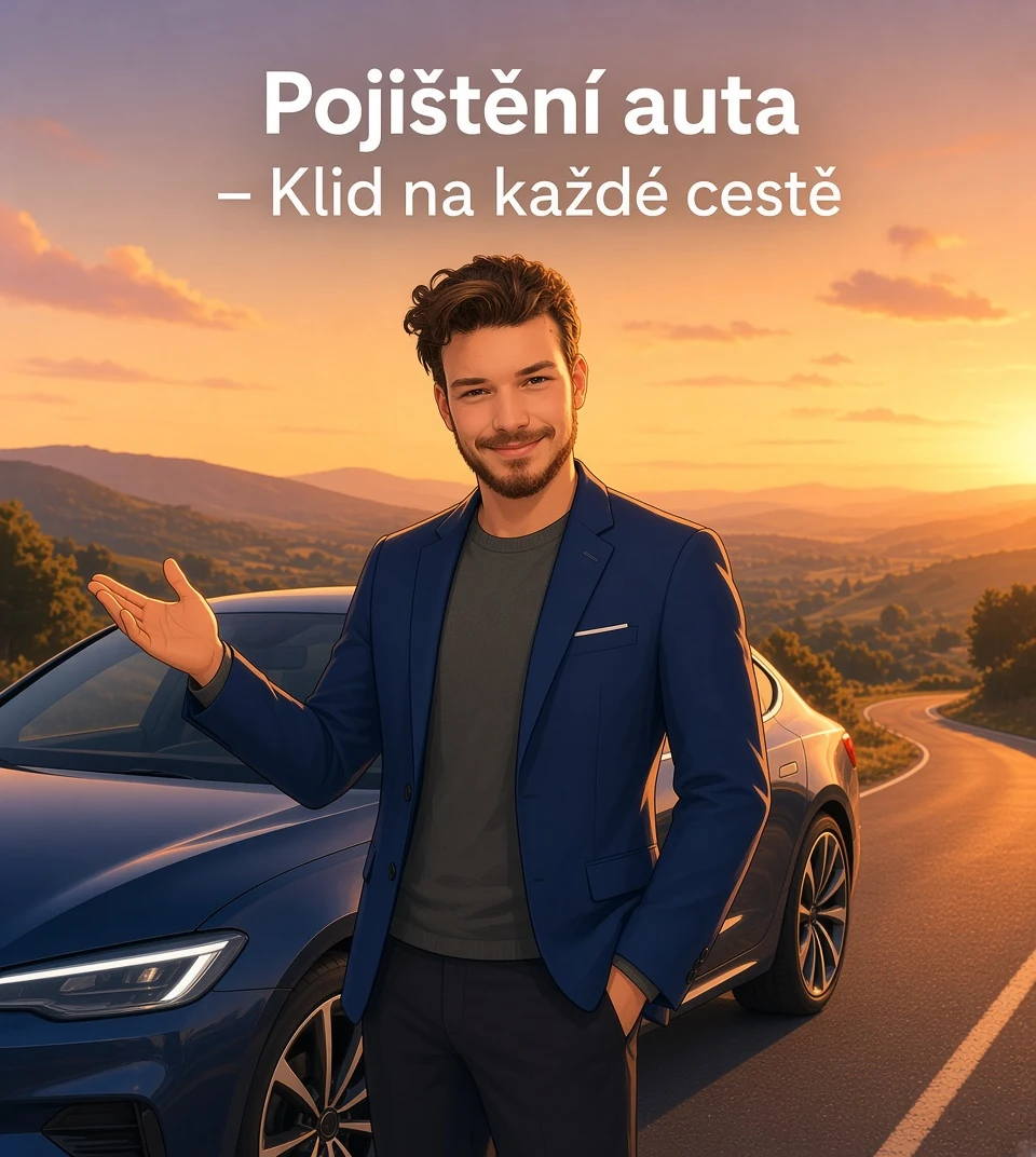 Pojištění auta – Klid na každé cestě. Ilustrace poradce u auta při západu slunce.