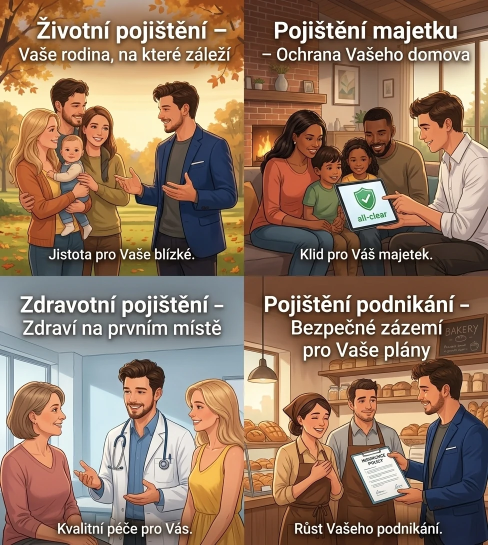 Ilustrovaný přehled životního pojištění, pojištění majetku, zdravotního pojištění a pojištění podnikání.